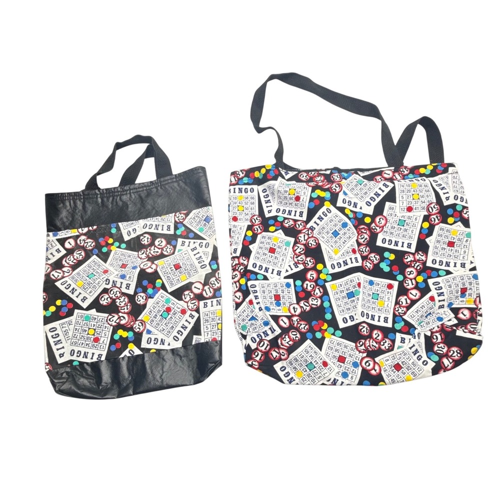 Bingo Card Print Tote‎ Bag Set of 2 Black Novelty Gaming Shoulder Bags Retro